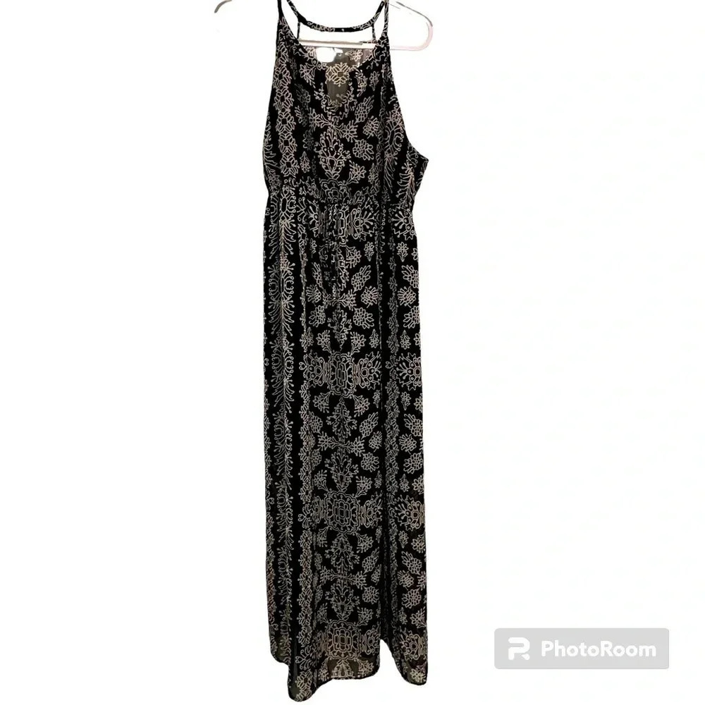 Liz Lange Maternity Black White Maxi Sleeveless Drawstring Waistband Dress Sz M